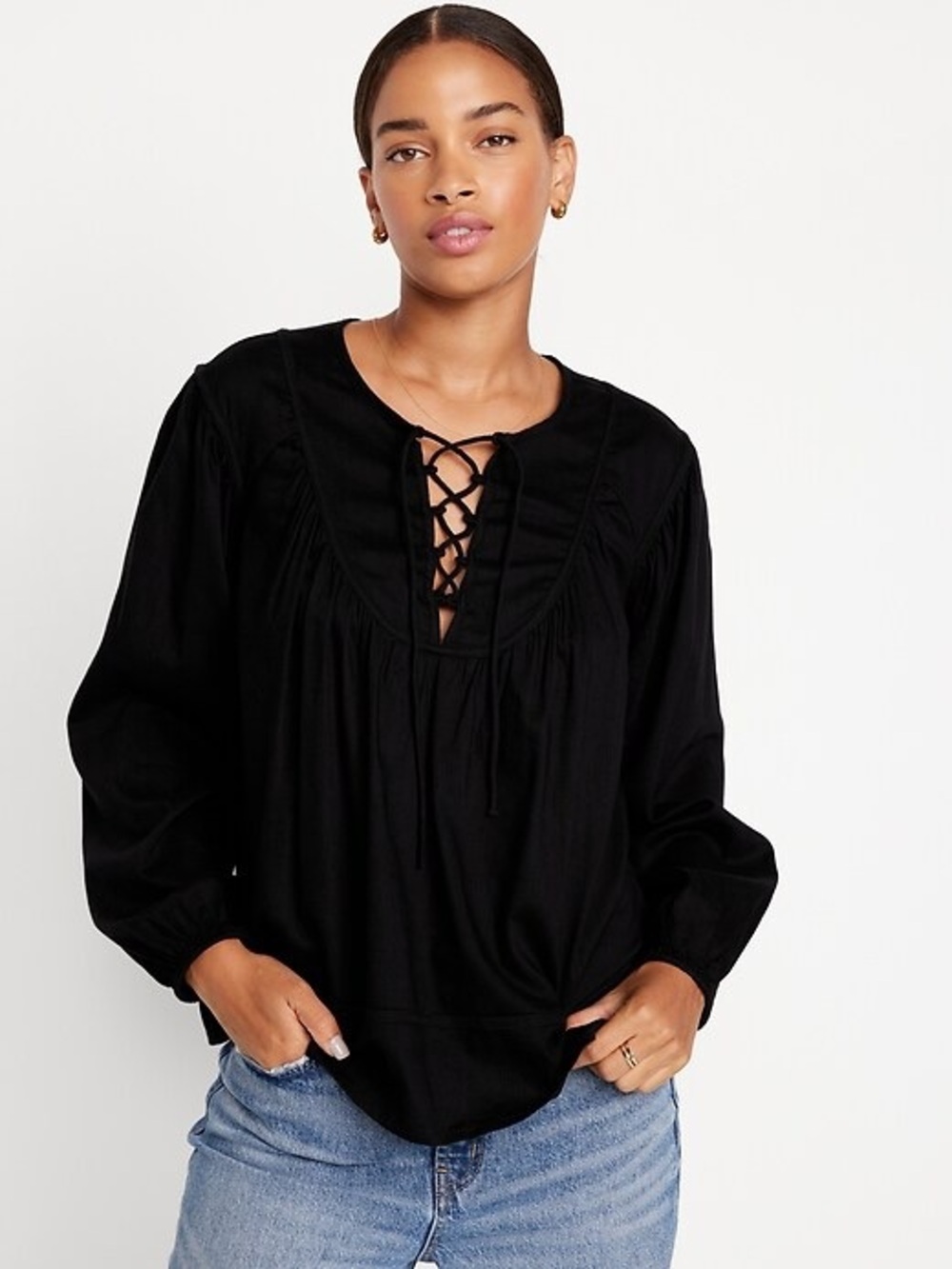 Old Navy Tie-Front Boho Swing Blouse in Black - Size: medium NWT